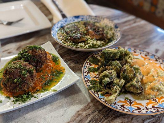 Beef & Chorizo Meatballs, Charred Cauliflower, and Honey-Rum Glazed Pork Belly