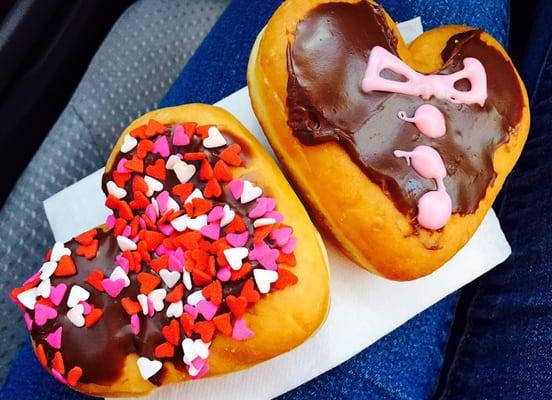 Wonderful valentines donuts-chocolate and brownie batter filled