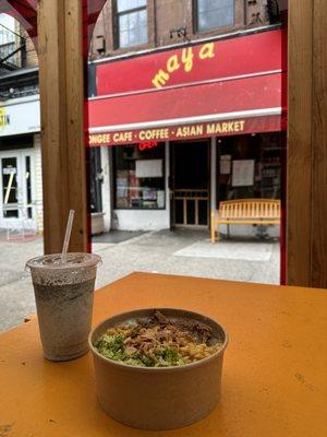 Black sesame latte and Pork Congee Bowl