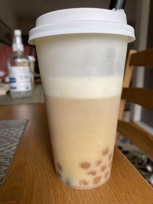 Cold Earl Grey Bubble Milk Tea with cheese foam and boba (partly drunk!)