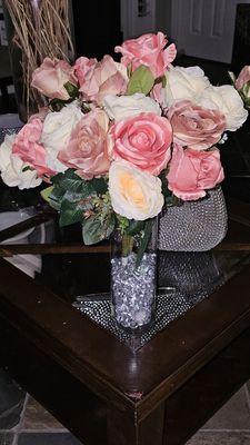 Look how beautiful. I designed for my Mom's 90th birthday party. Pink, blush, cream  roese with the crystals fillers in the vase.