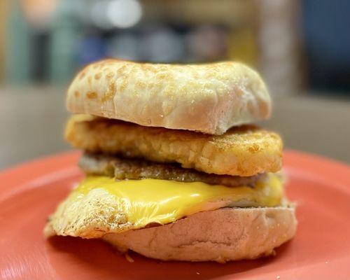 The Idaho Joe Breakfast Bagel with Sausage on an Asiago Bagel