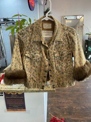 Plain denim cheetah print jacket made into luxury mink fur 3/4 cuffed fun wear