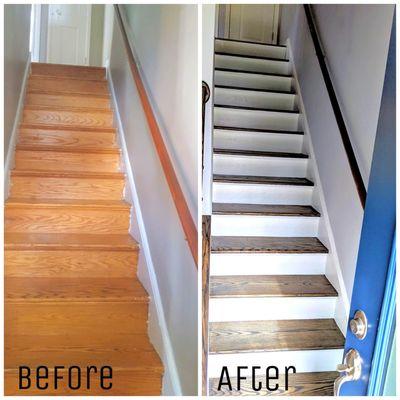 Staircase makeover - grey stain on treads and white painted risers for contrast