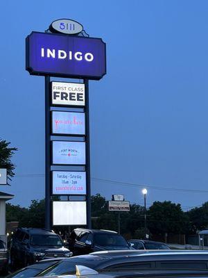 Indigo Yoga sign and parking lot