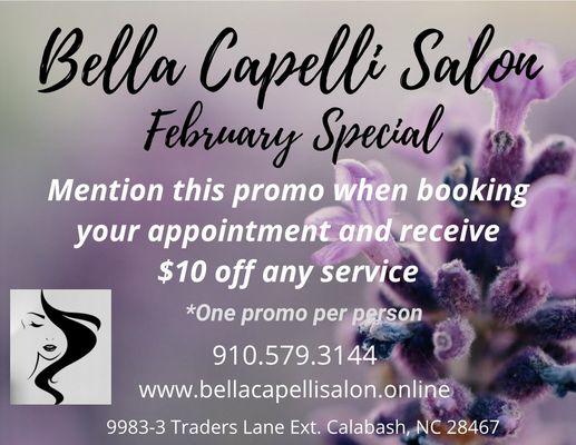 Enjoy $10 off the month of February on any service!