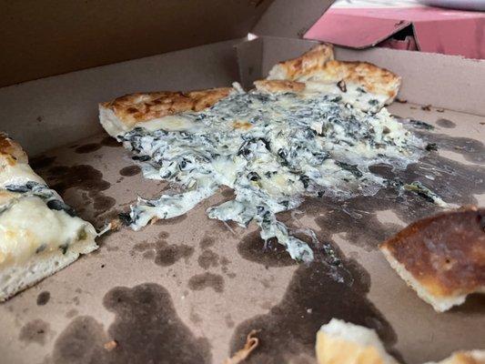 It's supposed to be an Alfredo pizza with chicken onions and mushrooms. Normal cut with cheese crust. It's slop.