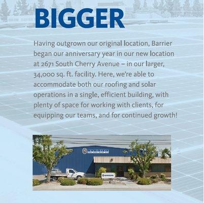 Barrier is getting bigger to better server commercial roofing and solar clients all over California!