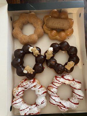 Churro on top left, caramel on top right,  Nutella on middle row  Strawberry Funnel on bottom row