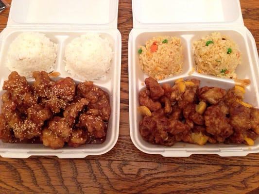 Sesame Chicken with white rice and Orange Chicken with fried rice. Both were good, but we preferred the sesame chicken.