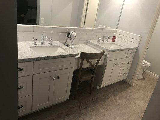 Prefabricated Quartz Vanity Top w/ undermount square sinks.