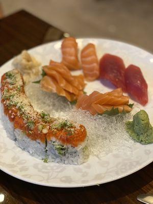 Soft shelled crab roll, salmon/tuna nigiri, and salmon/tuna sashimi