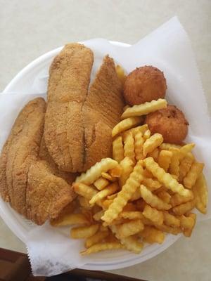 2 piece tilapia with hush puppies and fries