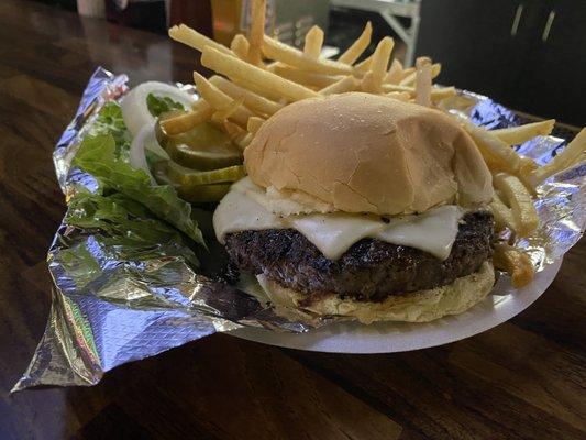 Kobe Beef Burger with Pepper Jack Cheese and Skinny Fries