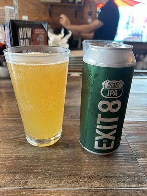 Exit 8 IPA, a local brew offered both on tap and in cans