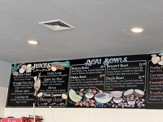 Juices and Açaí Bowls Menu