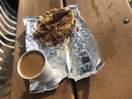 A Drip Coffee And Vegan Breakfast Chorizo Burrito