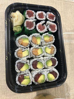 Three roll special - tuna avocado, salmon avocado and tuna