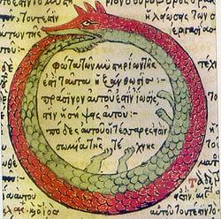 The circled serpent represents the perpetual cyclic nature of life, karma, death, & rebirth.