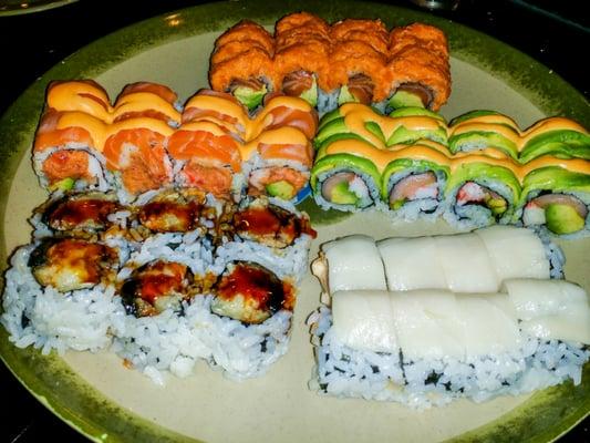 one plate of all you can eat sushi . . . . .includes tempura banana & eel roll