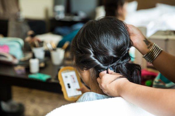 Linh styling my hair with a half-do and side swept look! PC: Raymond Chang