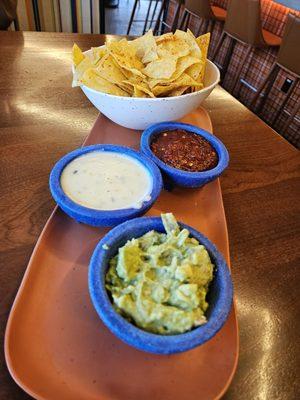 Chips, salsa, guac and queso