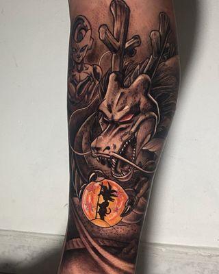 Dragonball Z's Majin Buu, & Shenron Dragon Black & Gray Anime Tattoo By Rene Cristobal, a Guest Tattoo Artist At Iron Palm Tattoos In Atlant