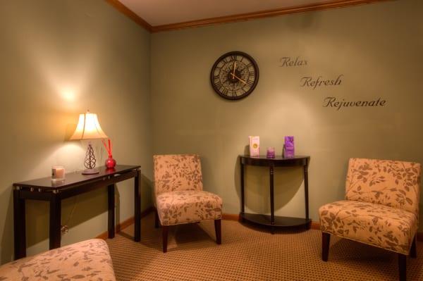 The waiting area....enjoy a cup of tea while waiting for your massage or facial