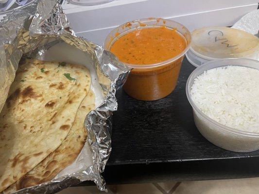 Chicken Tikka Masala, Plain Rice and Garlic Naan