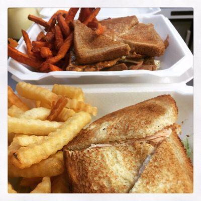 Grilled Chicken Club with Sweet Potato Fries  & Turkey Club with French Fries