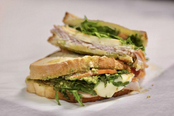 Big Windy Panini! Turkey, provolone, tomato, spinach, mayo and pesto. Yum!