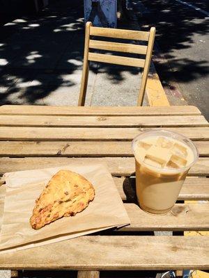 Savory Scone (ham & cheese today) & Iced Latte