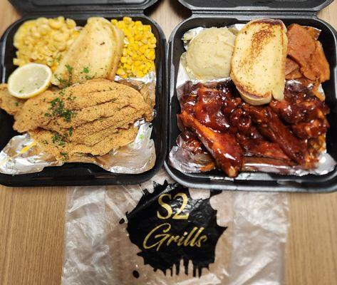 Fried Catfish with mac-n-cheese, corn, and garlic bread. Rib tip dinner with mashed potato, candied yams, and garlic bread.