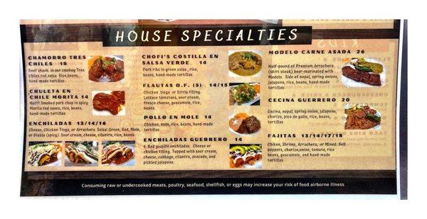 House Specialties Menu Sabor De Mi Tierra.(N Mannheim Rd/W North Ave) Stone Park IL. Great Mexican Food . Great Service! Cool!