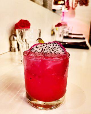 PINK DRAGON!! 
Made with Suover Rum,
Dragon Fruit, Passion Fruit Syrup, Mint, Lime, and Orange Bitters!!