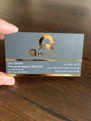 Gold embossed business card. Q Homes CARLSBAD