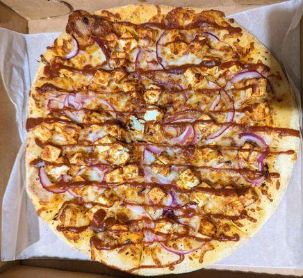 Paneer Tikka BBQ Pizza (medium). Only Panner & onions here. Other Toppings are extra