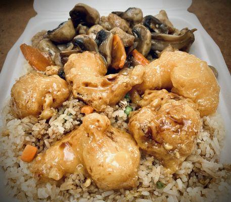 (Foreground) Chicken and Mushrooms, (foreground) Honey Glazed Shrimp atop Fried Rice