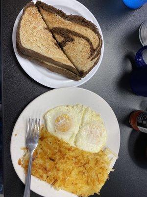 2 eggs, hash browns, toast