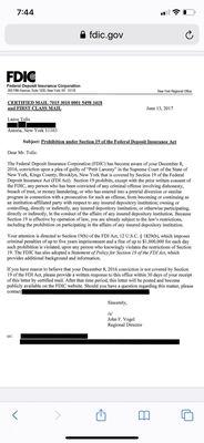 A letter publicly posted by the FDIC. This firm is employing a criminal!