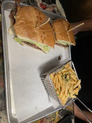 Tri tip sandwich with garlic fries