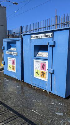 Clothing bins for donations out front