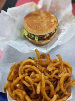 Cheeseburger and curly fries