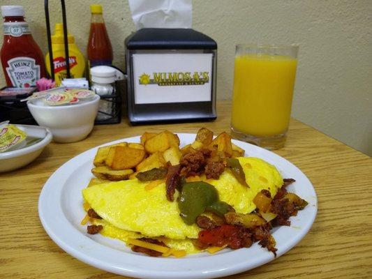 3 egg Omelet with  chorizo and peppers, onions and cheese with breakfast potatoes