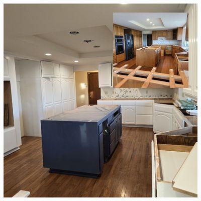 Before and after photo. Taking the oak cabinets and painting to upgrade and update this beautiful home.