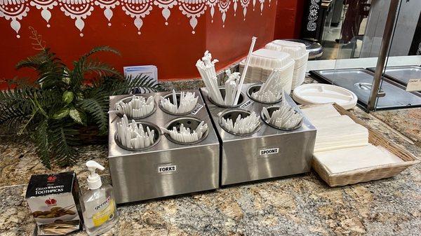 Very organized cutlery area with complimentary toothpicks. So thoughtful!