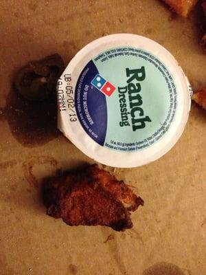 The "blue cheese" that cost me extra plus a sample of a chicken wing. That is NOT a boneless chicken, btw...