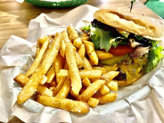 100% grassfed burger and Parmesan-truffle fries