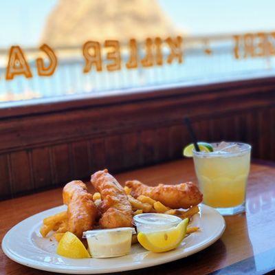 Fish and chips with a Dark & Stormy (and a nice view!)