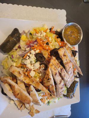 Greek salad w chicken .  Pretty big.